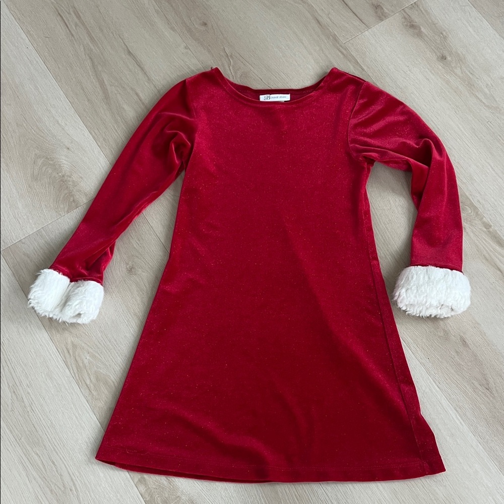 Red Velvet Dress with White Fur Cuffs